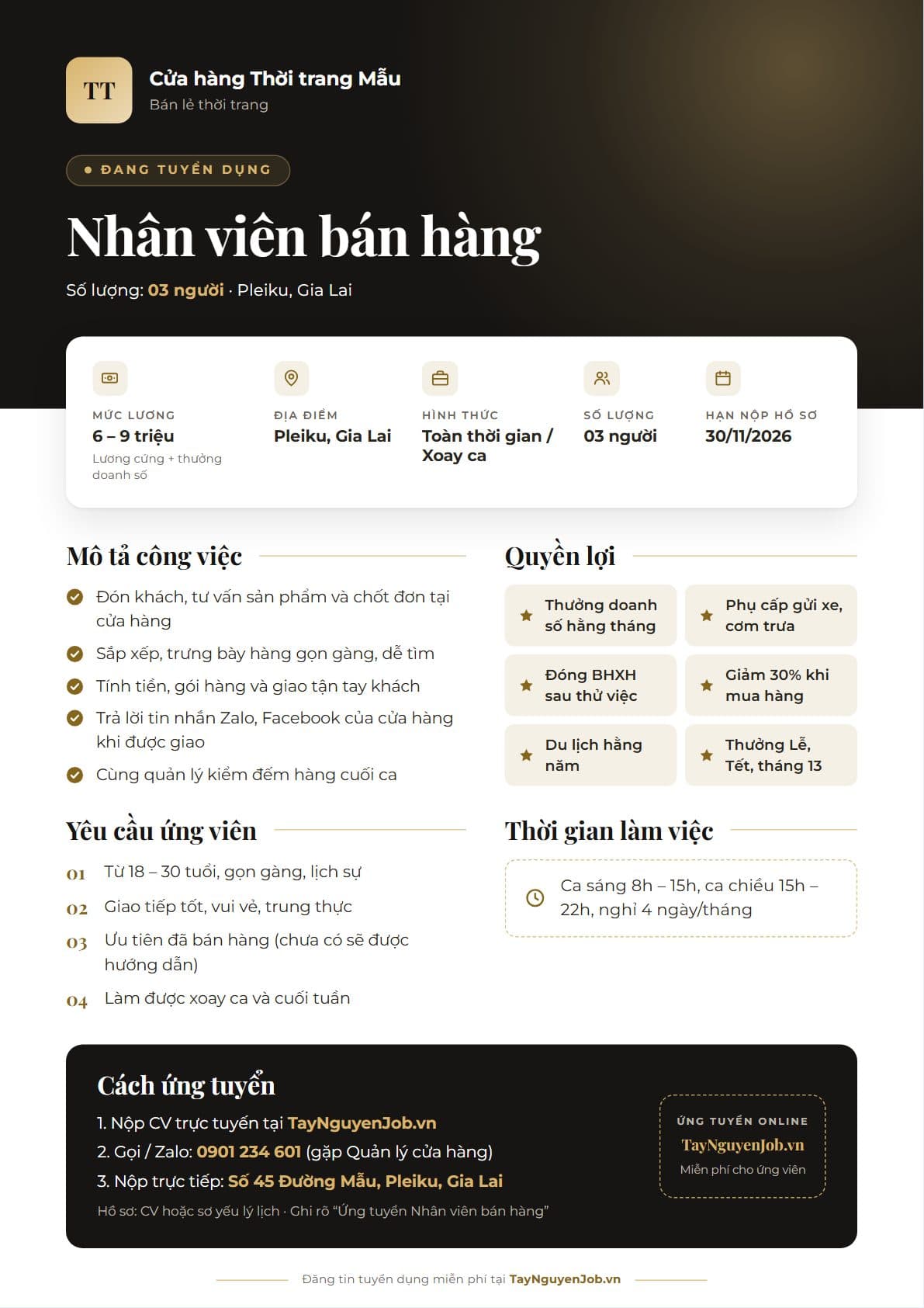 Mẫu tin tuyển dụng A4 01: Đen vàng kim, bố cục Dải đầu tối, minh hoạ vị trí Nhân viên bán hàng