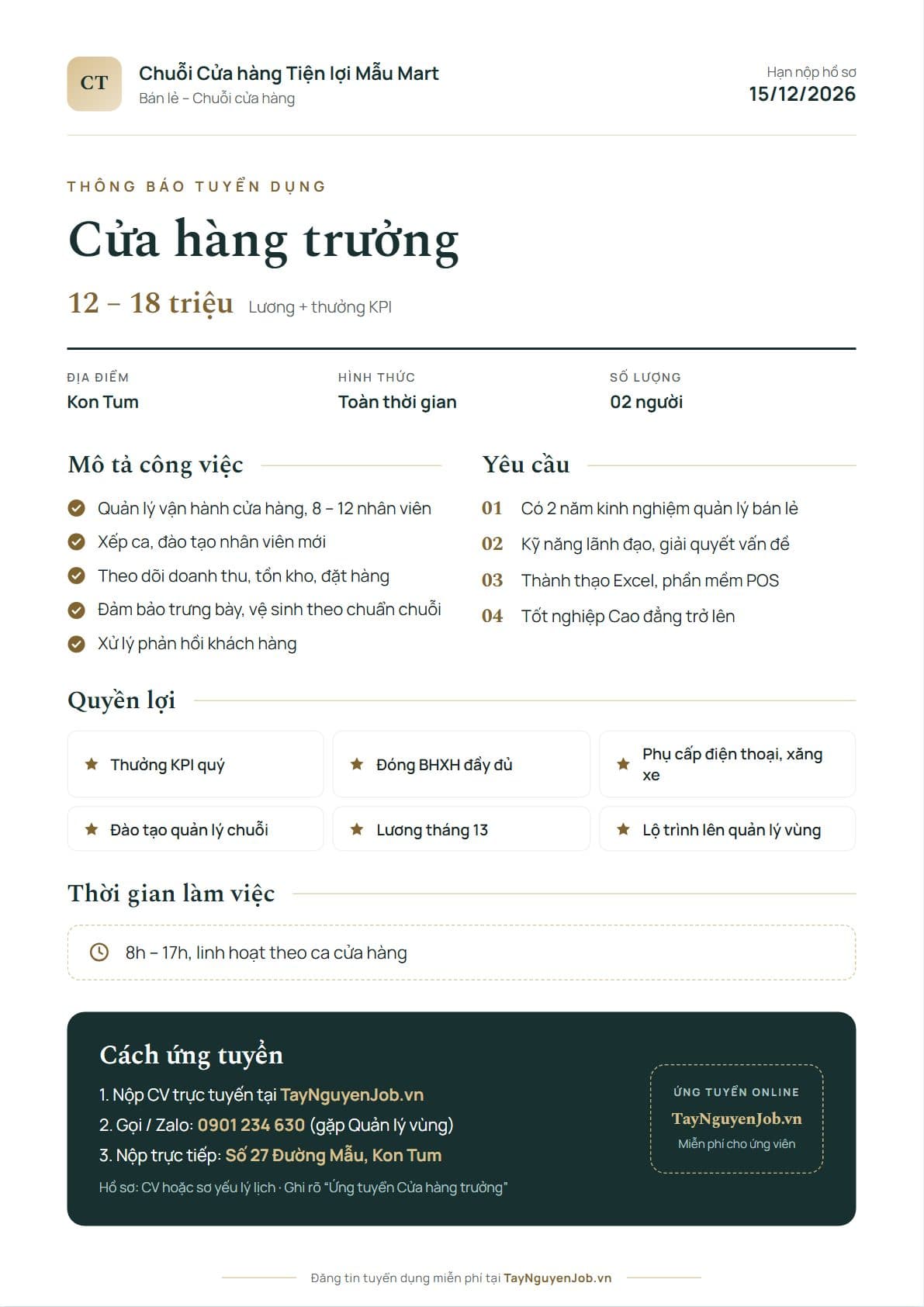 Mẫu tin tuyển dụng A4 30: Xanh rêu đá, bố cục Thanh lịch, minh hoạ vị trí Cửa hàng trưởng