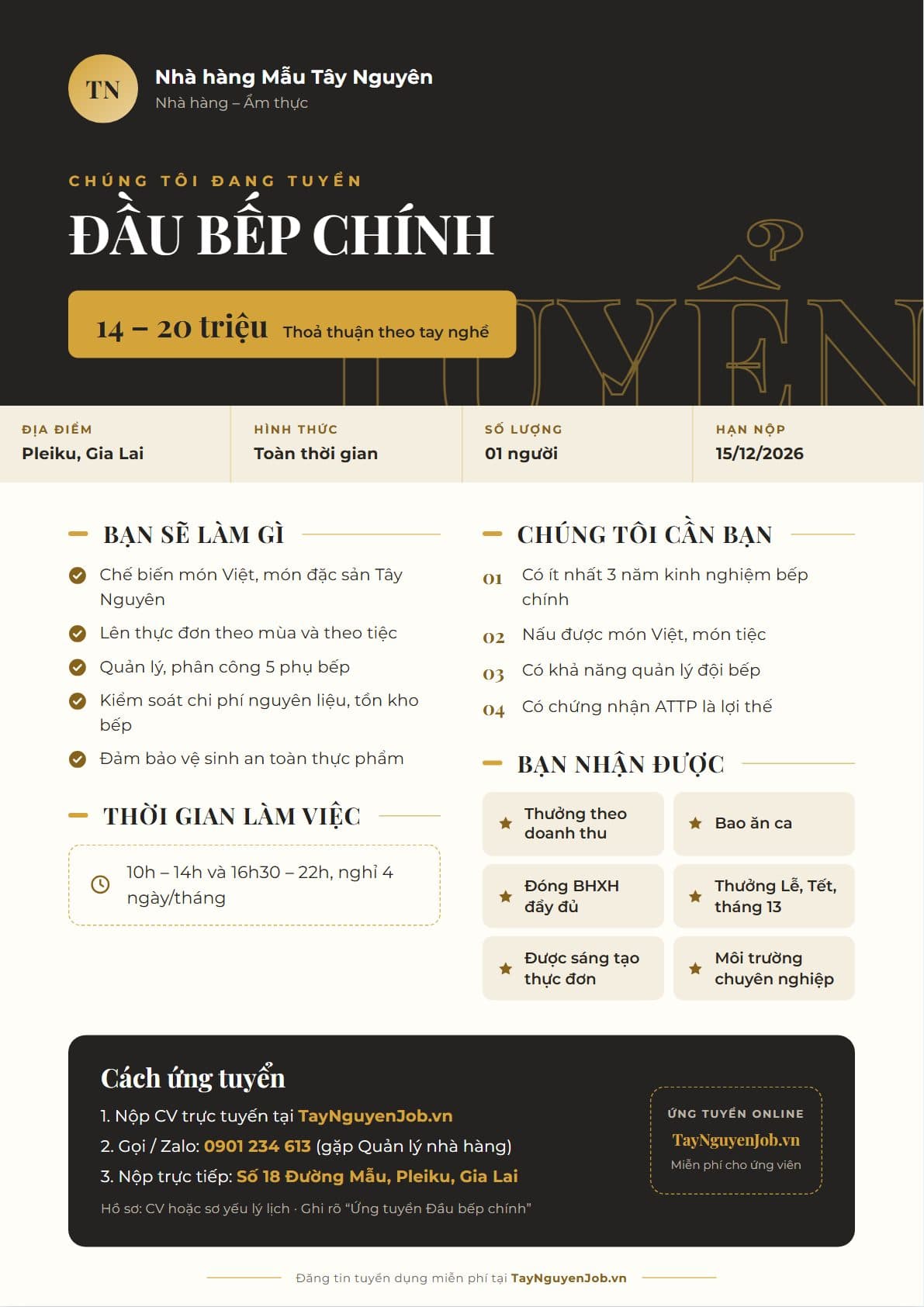 Mẫu tin tuyển dụng A4 13: Than vàng đồng, bố cục Băng lớn, minh hoạ vị trí Đầu bếp chính