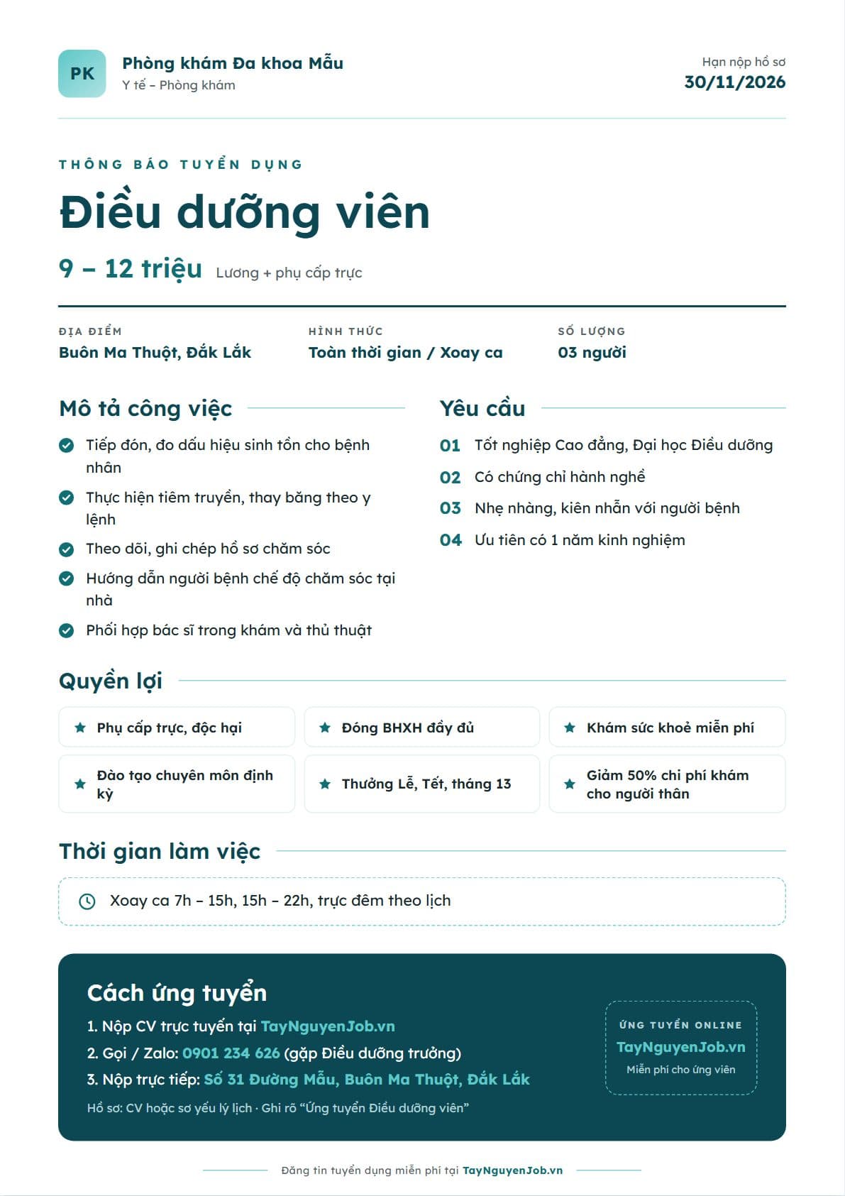 Mẫu tin tuyển dụng A4 26: Xanh mòng két, bố cục Thanh lịch, minh hoạ vị trí Điều dưỡng viên