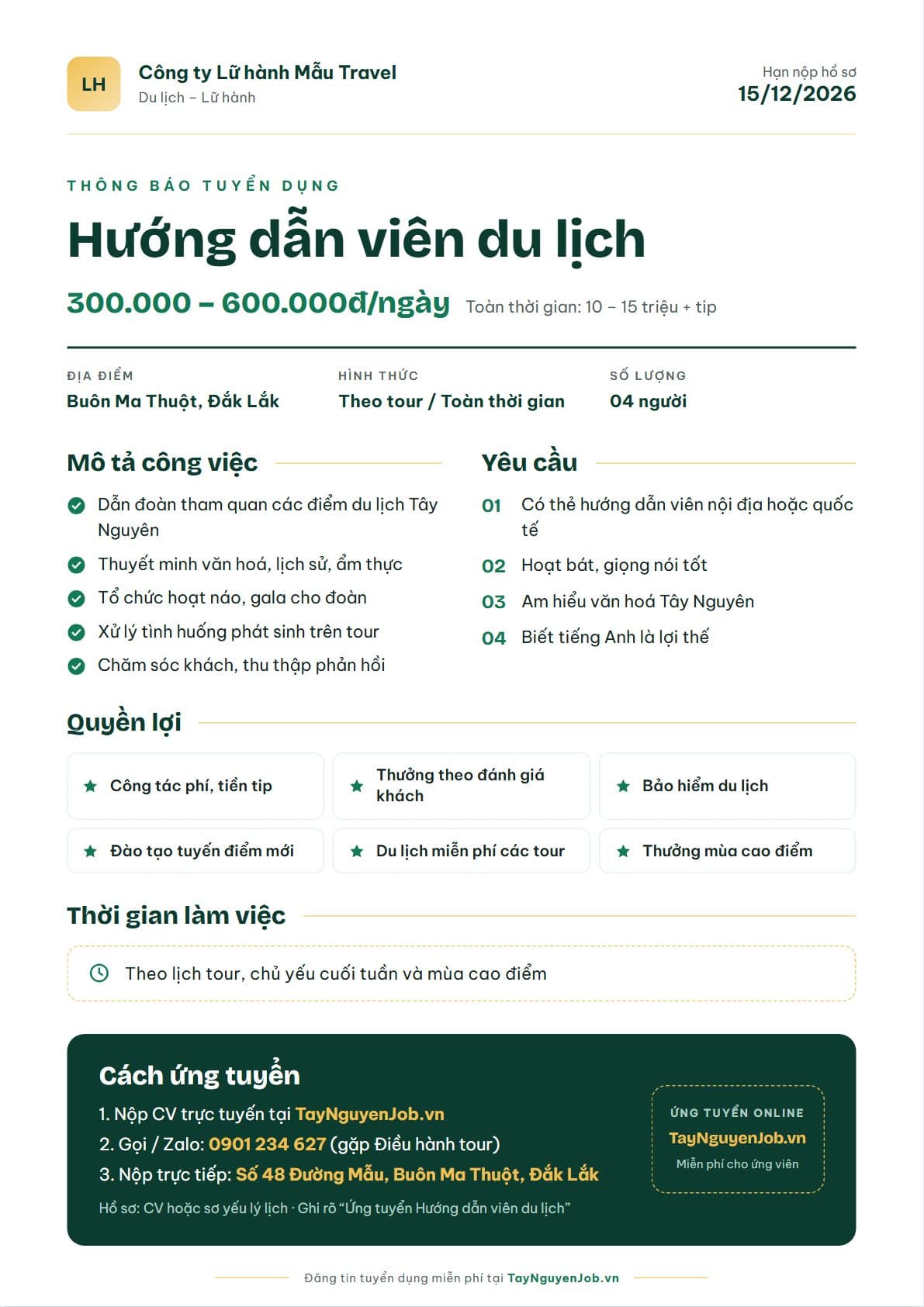 Mẫu tin tuyển dụng A4 27: Rừng thông vàng, bố cục Thanh lịch, minh hoạ vị trí Hướng dẫn viên du lịch