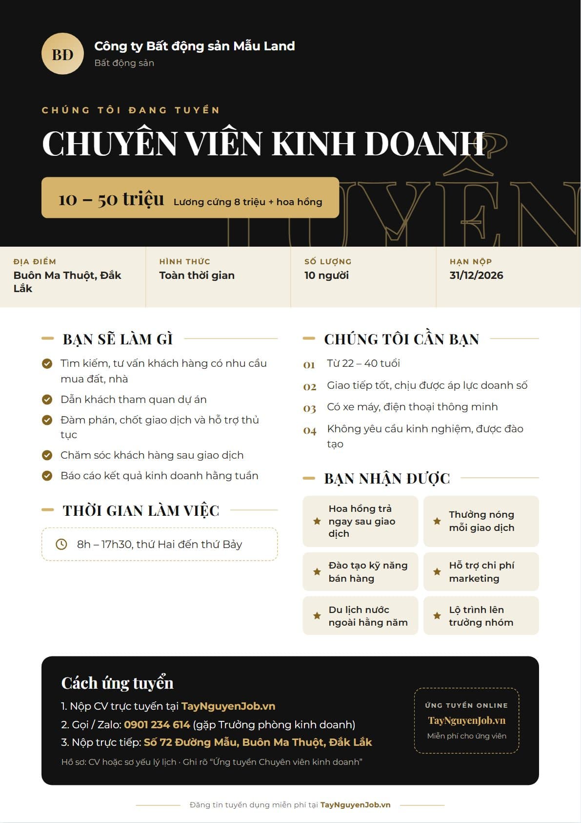 Mẫu tin tuyển dụng A4 14: Đen ánh kim, bố cục Băng lớn, minh hoạ vị trí Chuyên viên kinh doanh
