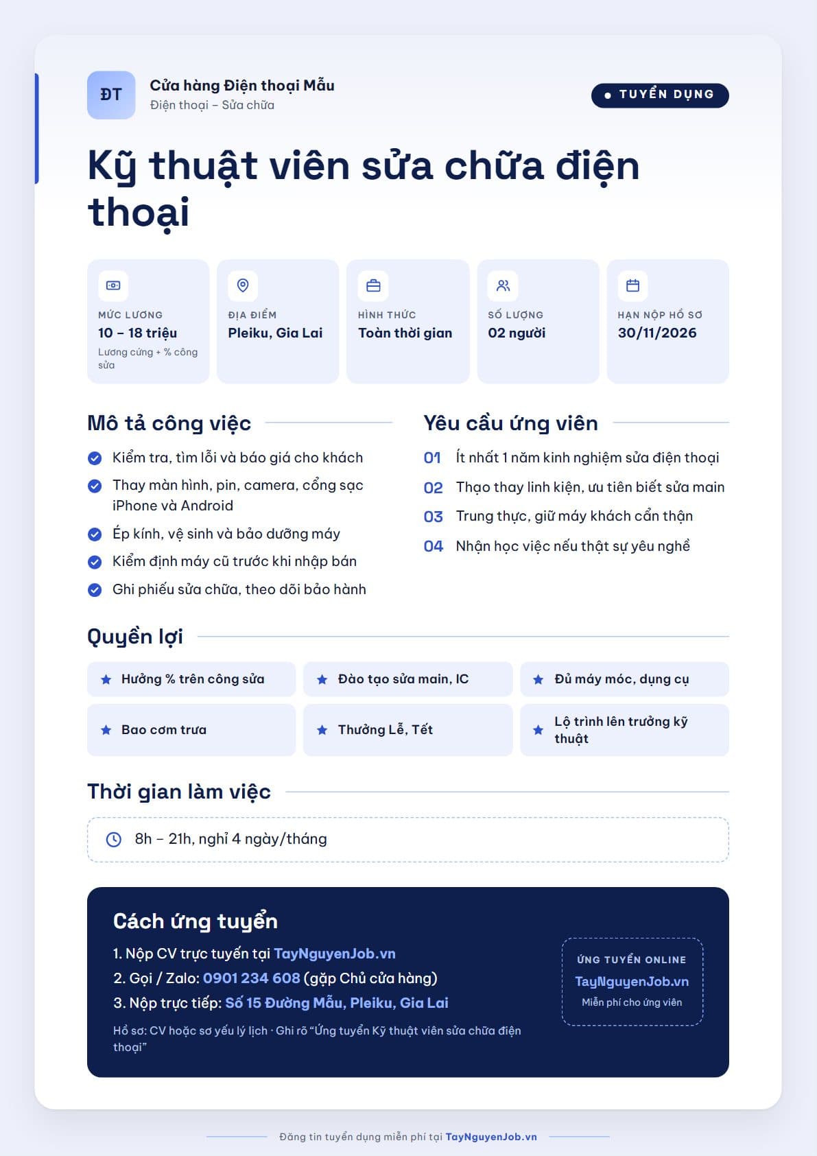 Mẫu tin tuyển dụng A4 08: Xanh dương, bố cục Thẻ nổi, minh hoạ vị trí Kỹ thuật viên sửa chữa điện thoại