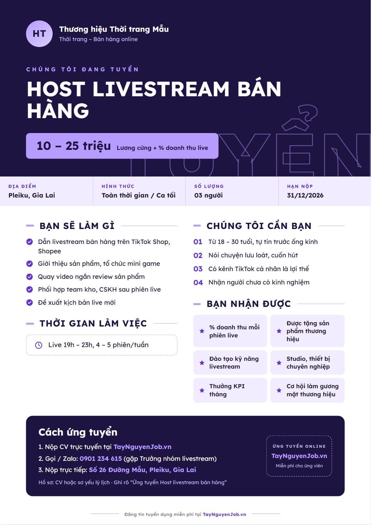 Mẫu tin tuyển dụng A4 15: Tím neon, bố cục Băng lớn, minh hoạ vị trí Host livestream bán hàng