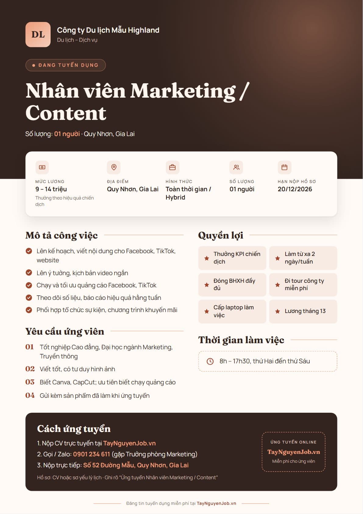 Mẫu tin tuyển dụng A4 11: Nâu đất đỏ, bố cục Dải đầu tối, minh hoạ vị trí Nhân viên Marketing / Content