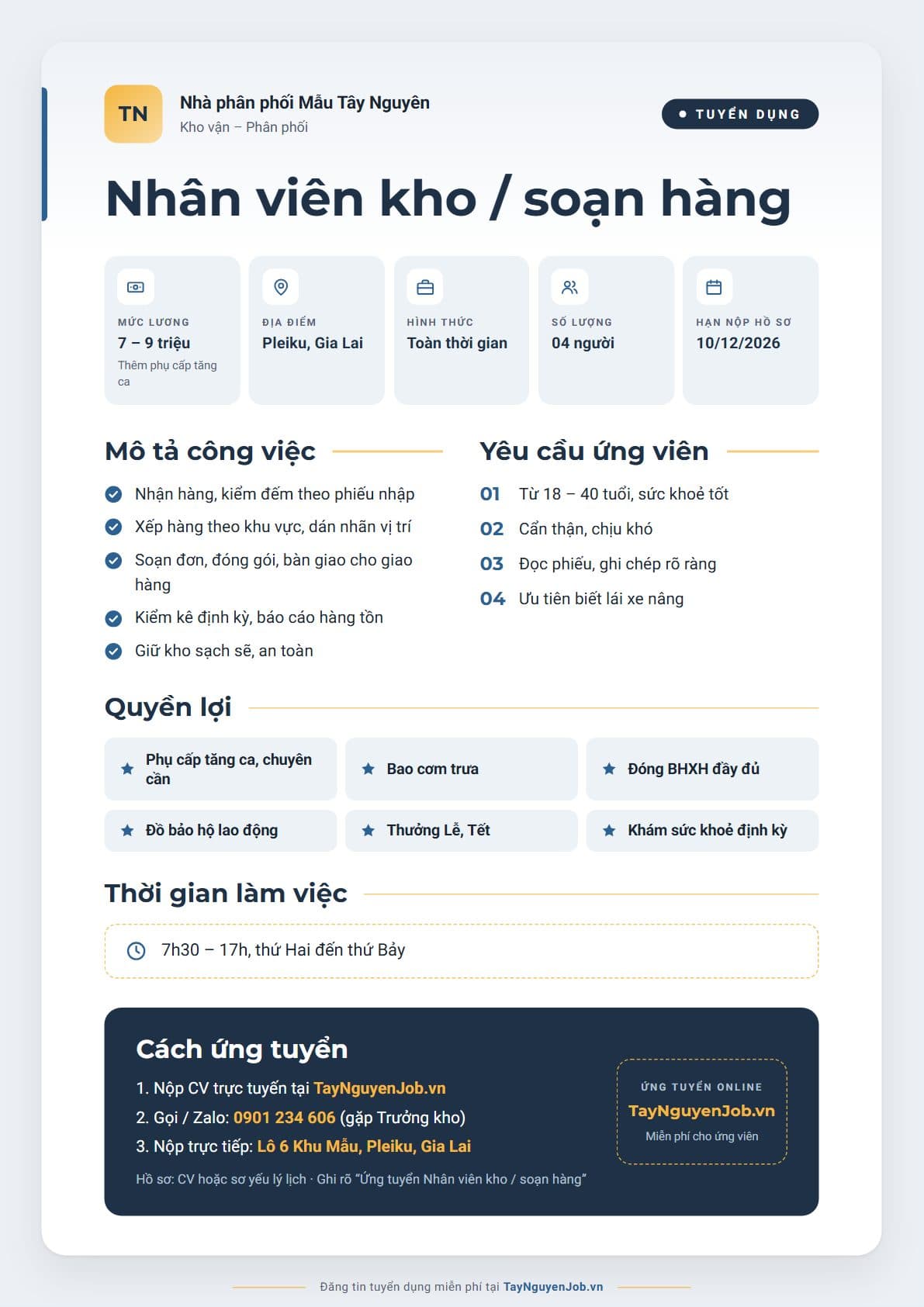 Mẫu tin tuyển dụng A4 06: Xanh thép, bố cục Thẻ nổi, minh hoạ vị trí Nhân viên kho / soạn hàng