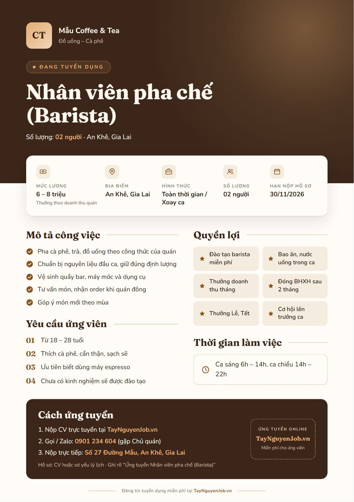 Mẫu tin tuyển dụng A4 04: Nâu cà phê, bố cục Dải đầu tối, minh hoạ vị trí Nhân viên pha chế (Barista)