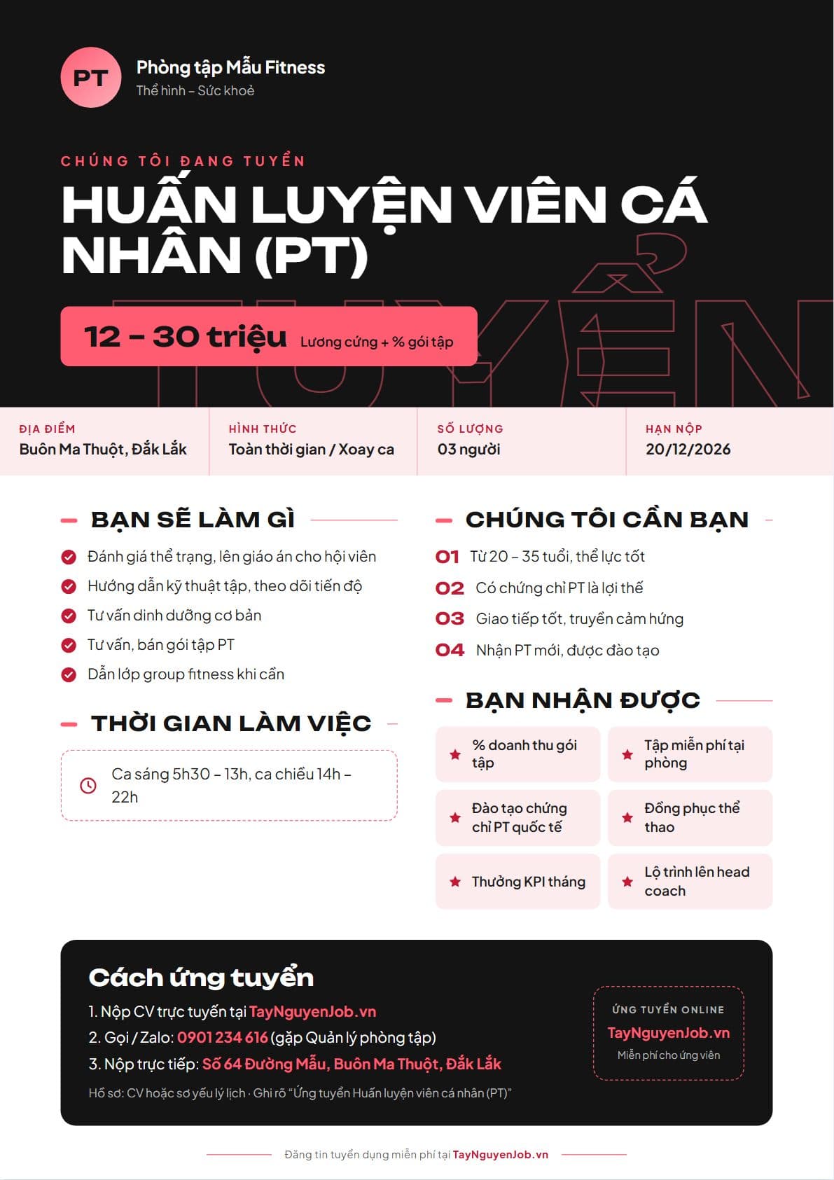Mẫu tin tuyển dụng A4 16: Đen đỏ san hô, bố cục Băng lớn, minh hoạ vị trí Huấn luyện viên cá nhân (PT)