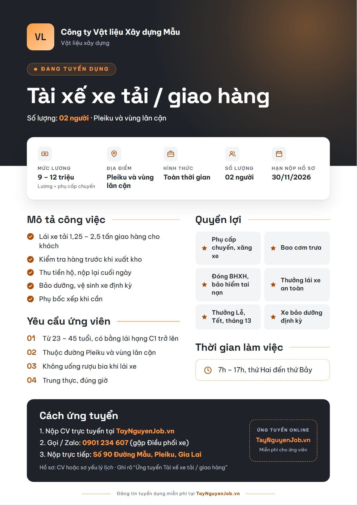Mẫu tin tuyển dụng A4 07: Than chì cam, bố cục Dải đầu tối, minh hoạ vị trí Tài xế xe tải / giao hàng