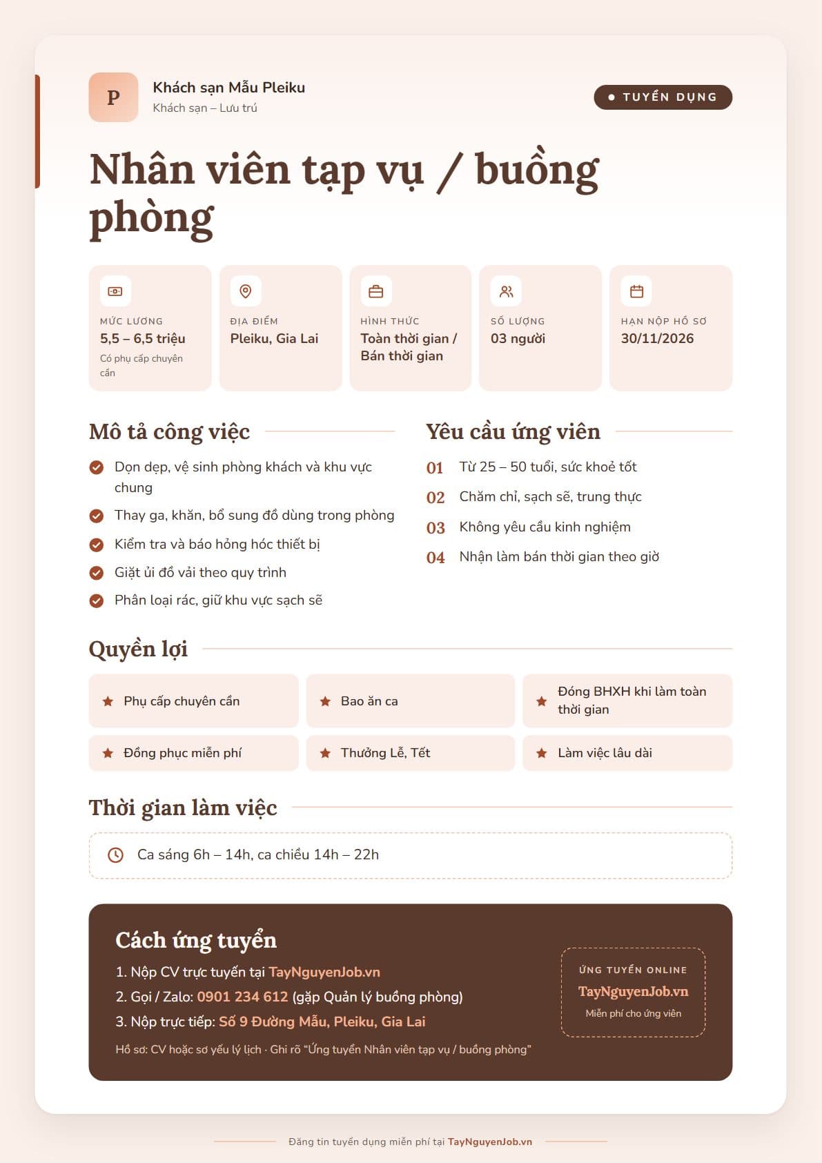 Mẫu tin tuyển dụng A4 12: Hồng đào, bố cục Thẻ nổi, minh hoạ vị trí Nhân viên tạp vụ / buồng phòng