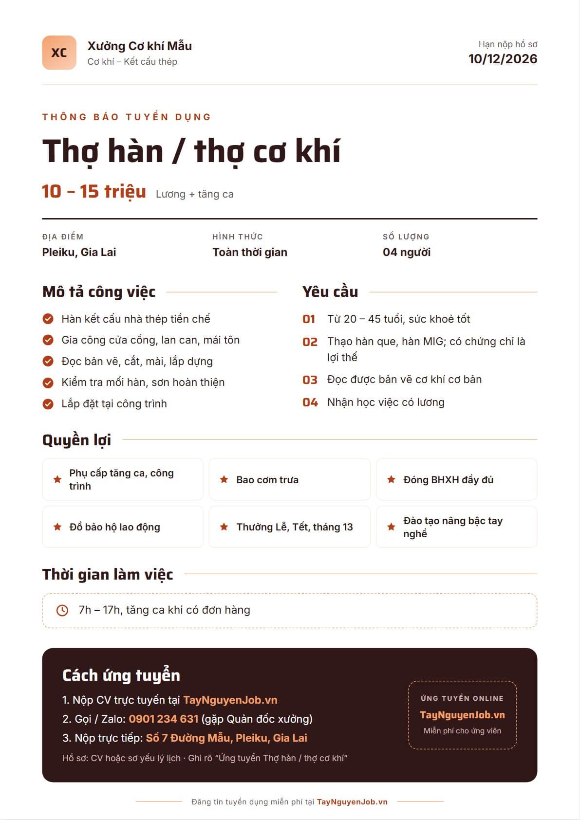 Mẫu tin tuyển dụng A4 31: Nâu lửa, bố cục Thanh lịch, minh hoạ vị trí Thợ hàn / thợ cơ khí