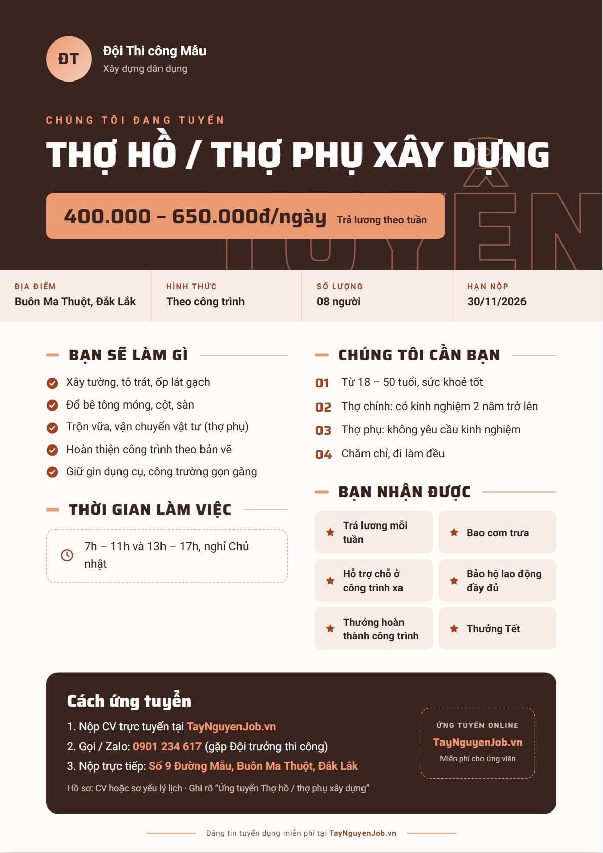 Mẫu tin tuyển dụng A4 17: Nâu gạch nung, bố cục Băng lớn, minh hoạ vị trí Thợ hồ / thợ phụ xây dựng