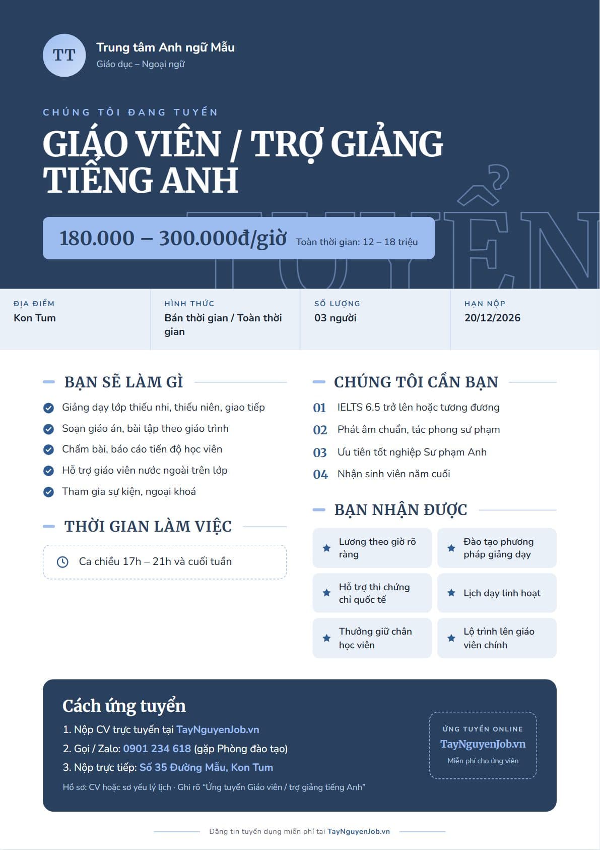 Mẫu tin tuyển dụng A4 18: Xanh chàm, bố cục Băng lớn, minh hoạ vị trí Giáo viên / trợ giảng tiếng Anh