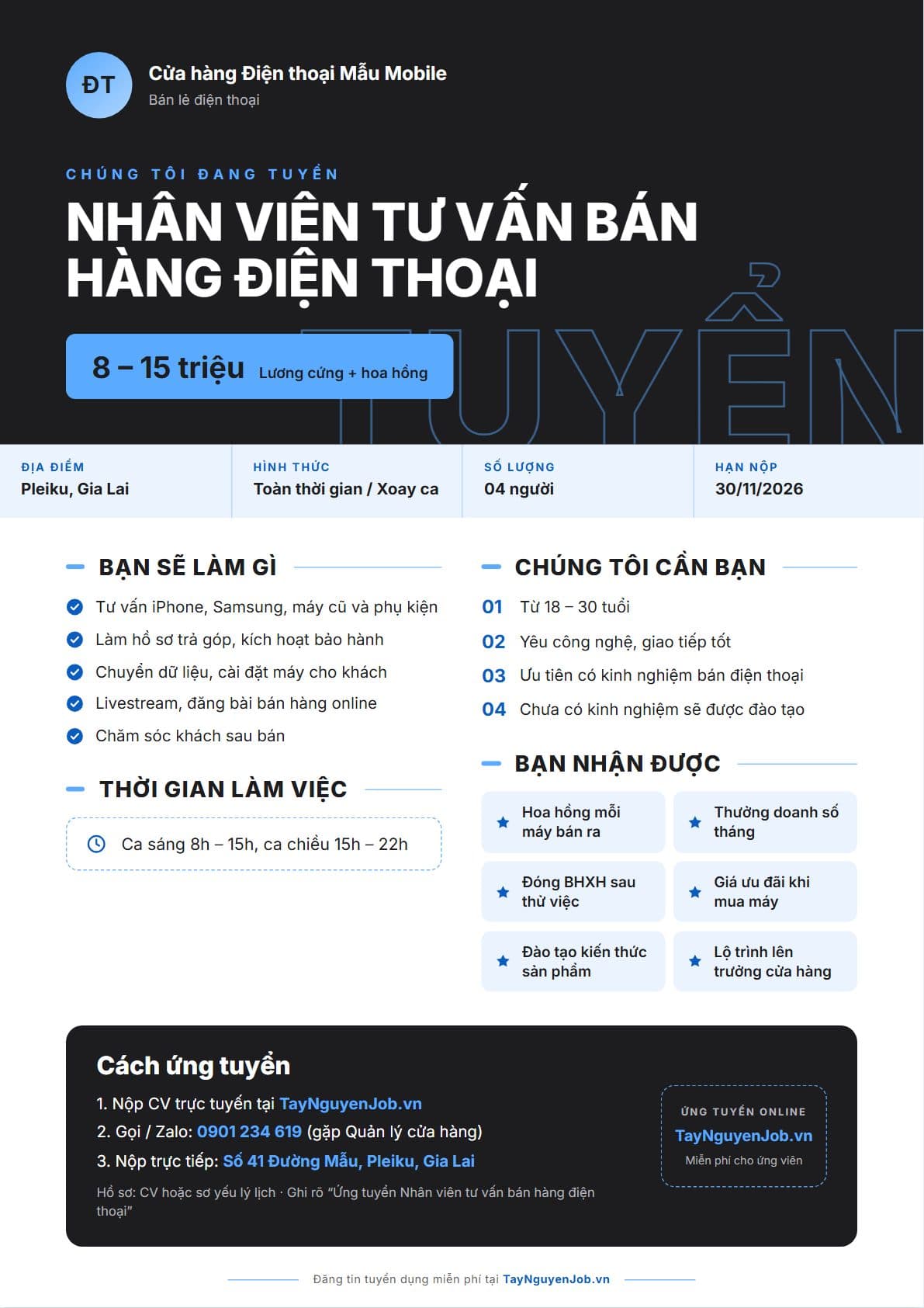 Mẫu tin tuyển dụng A4 19: Đen xanh điện, bố cục Băng lớn, minh hoạ vị trí Nhân viên tư vấn bán hàng điện thoại