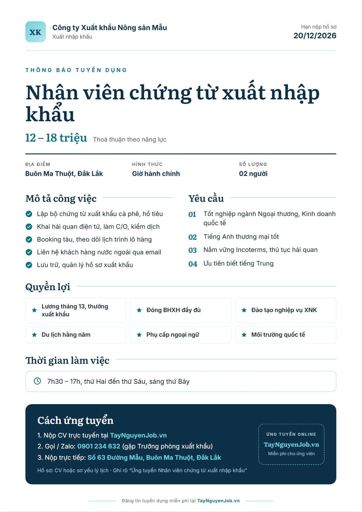 Mẫu tin tuyển dụng A4 32: Xanh biển sâu, bố cục Thanh lịch, minh hoạ vị trí Nhân viên chứng từ xuất nhập khẩu