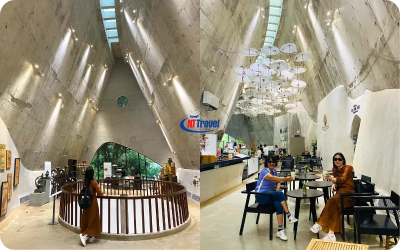 Không gian thưởng thức cà phê đặc sản sang trọng, tràn ngập ánh sáng tự nhiên bên trong bảo tàng